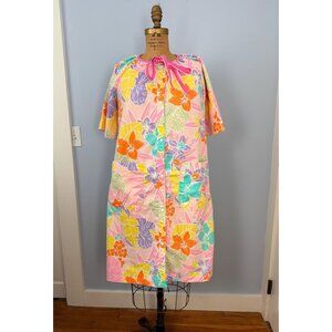 Vintage Smart Time Colorful Floral House Dress, Size M, Tropical Print